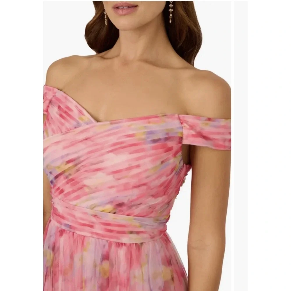 Adrianna Papell Off-the-Shoulder Floral Tulle Pink Gown Size US 8 Petite $300 - Picture 3 of 14